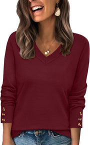 WIHOLL Lightweight Sweaters for Women Long Sleeve V Neck Knit Outfits with Decorative Buttons