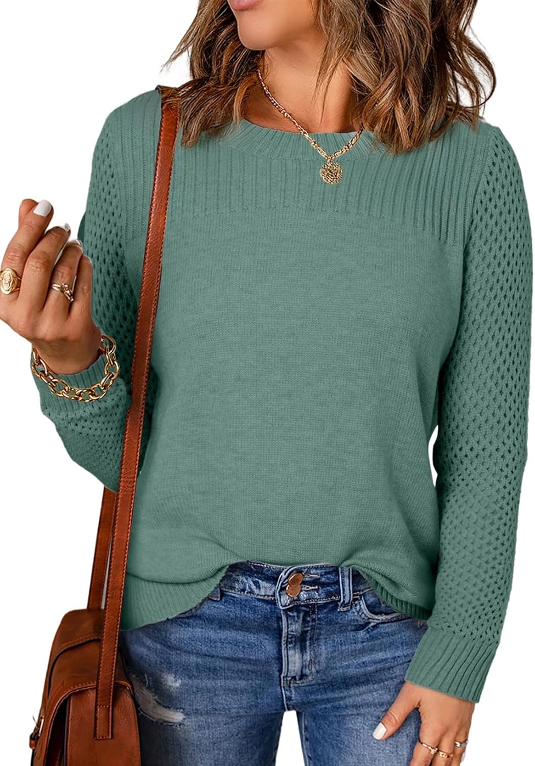 EVALESS Womens Sweaters Casual Long Sleeve Crewneck Cable Knit Lightweight Oversized Crochet Sweater Pullover Tops