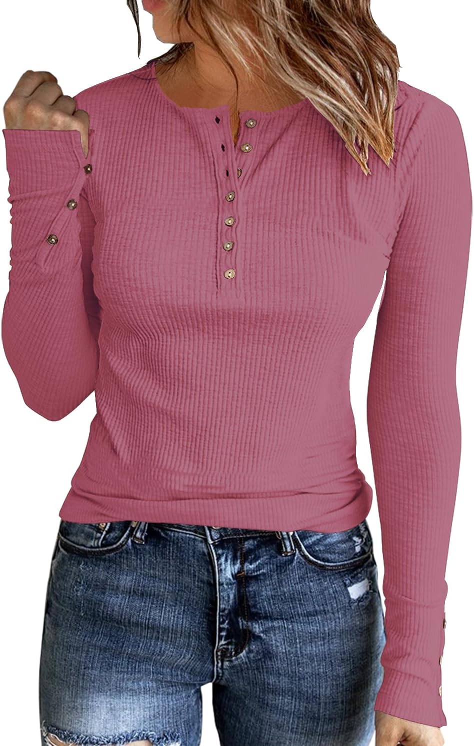 Womens Long Sleeves Ribbed Knit Tunic Shirts Scoop Neck Button Down Tops Casual Henley Tee Shirt Slim Fit Blouses
