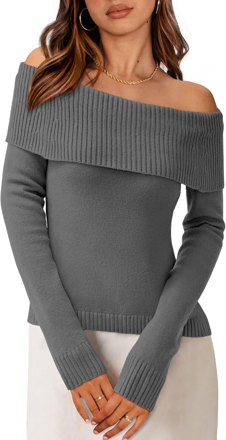 PRETTYGARDEN Off The Shoulder Sweater for Women 2025 Fall Fashion Cute Long Sleeve Tops Winter Ribbed Pullover Knit Outfits