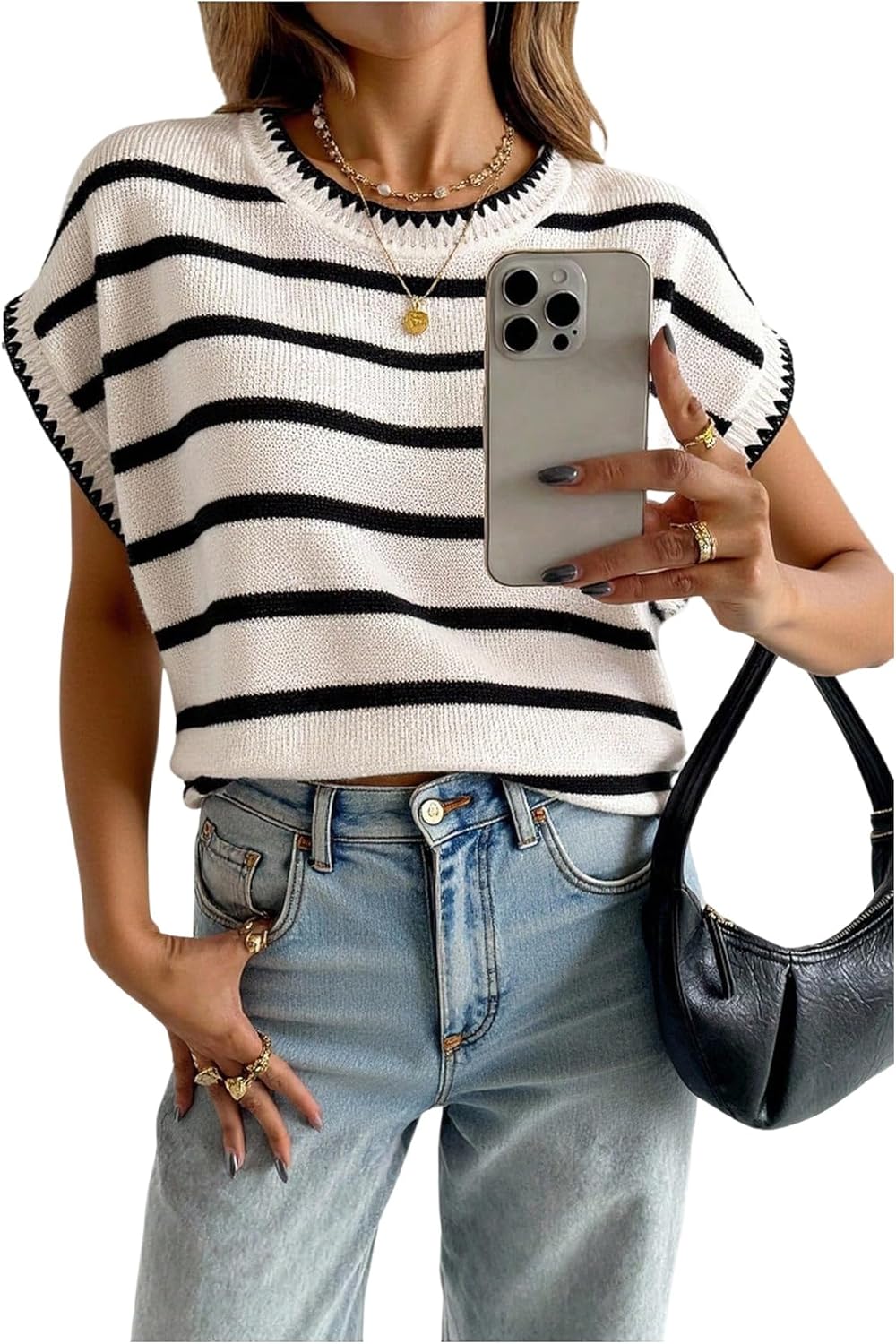 SOLY HUX Women's Ribbed Sweater Crew Neck Short Sleeve Loose Fit Floral Knit Pullover Tops