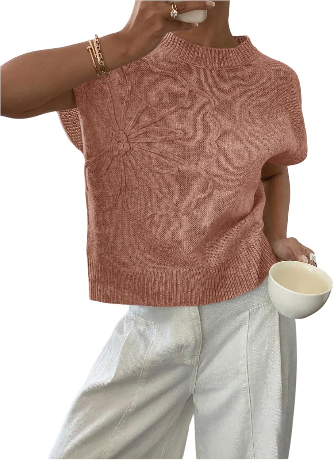 SOLY HUX Women's Ribbed Sweater Crew Neck Short Sleeve Loose Fit Floral Knit Pullover Tops