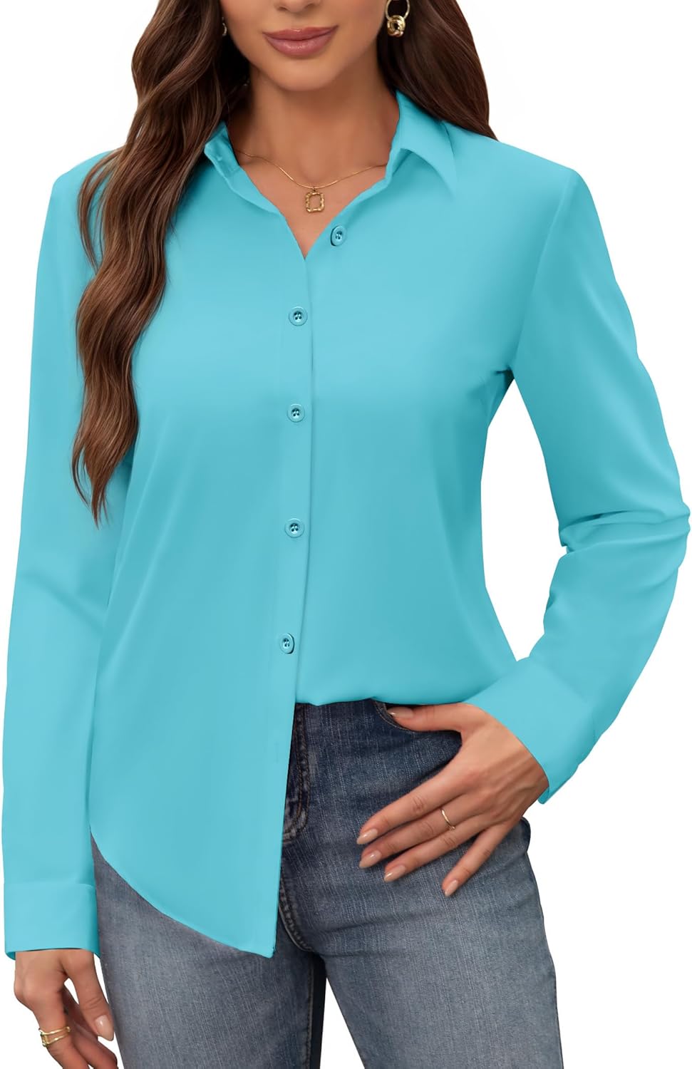 siliteelon Women's Stain Shield Dress Shirts Wrinkle Free Long Sleeve Shirts Solid Work Business Button Down Shirts