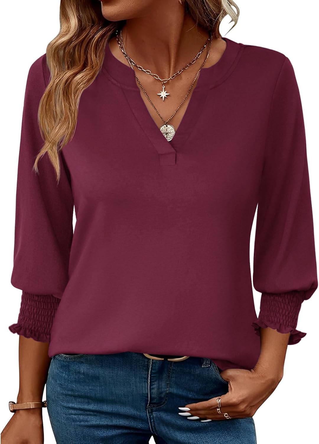 LOMON Women's 2025 Fashion Tops 3/4 Length Sleeve Business Casual Blouses Summer Tees Shirts