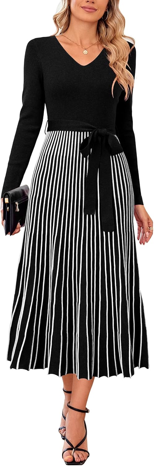 Arach&Cloz Women's Wool Blend Tie Waist Pleated Fall Sweater Dress 2025