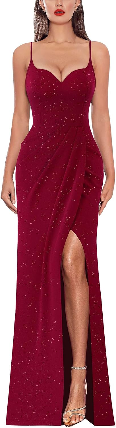 VFSHOW Womens Sexy Formal Ruched Fitted High Slit Bodycon Maxi Dress Spaghetti Strap Sweetheart Cocktail Prom Evening Gown