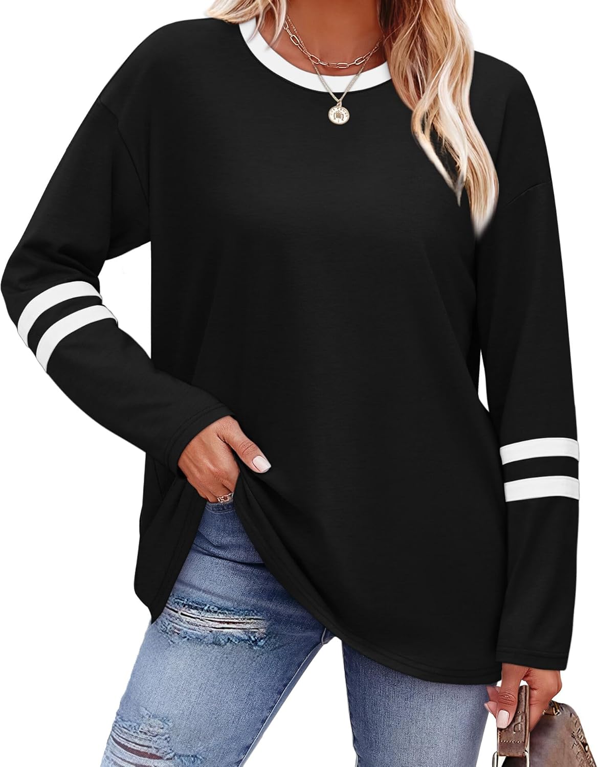 Sampeel Long Sleeve Shirts for Women Color Block Casual Tops Fall Outfits 2025 Basic Tees Trendy Clothes
