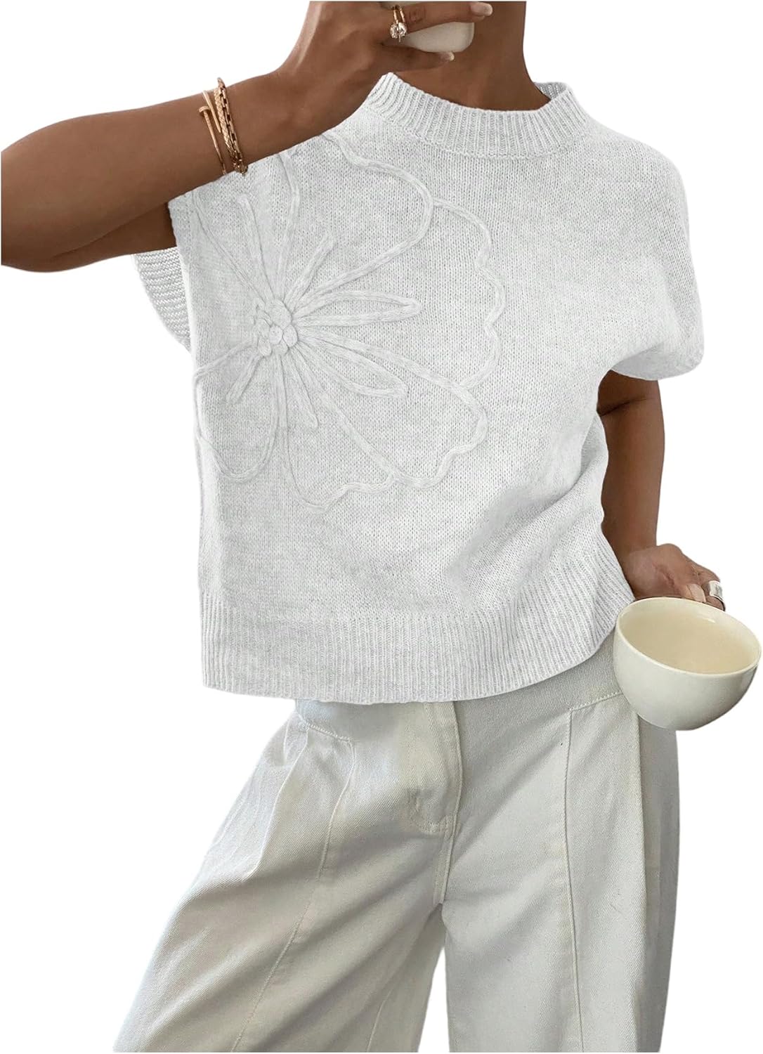 SOLY HUX Women's Ribbed Sweater Crew Neck Short Sleeve Loose Fit Floral Knit Pullover Tops