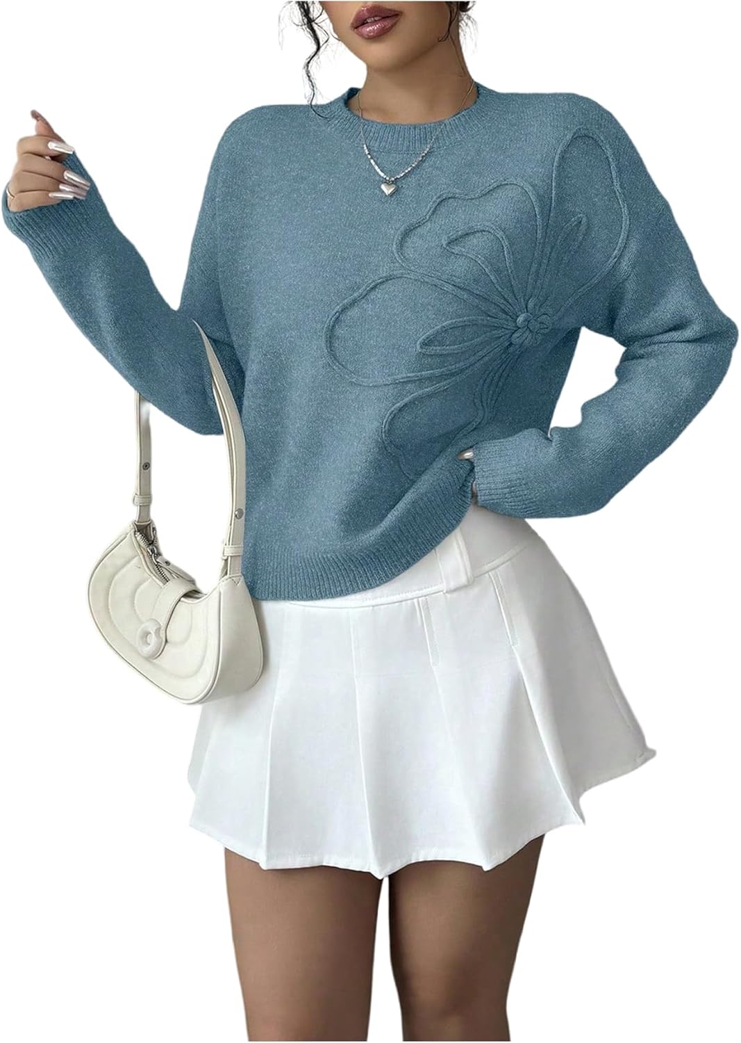 Women's 3D Floral Appliques Crewneck Sweaters Long Sleeve Drop Shoulder Pullovers Elegant Knit Tops