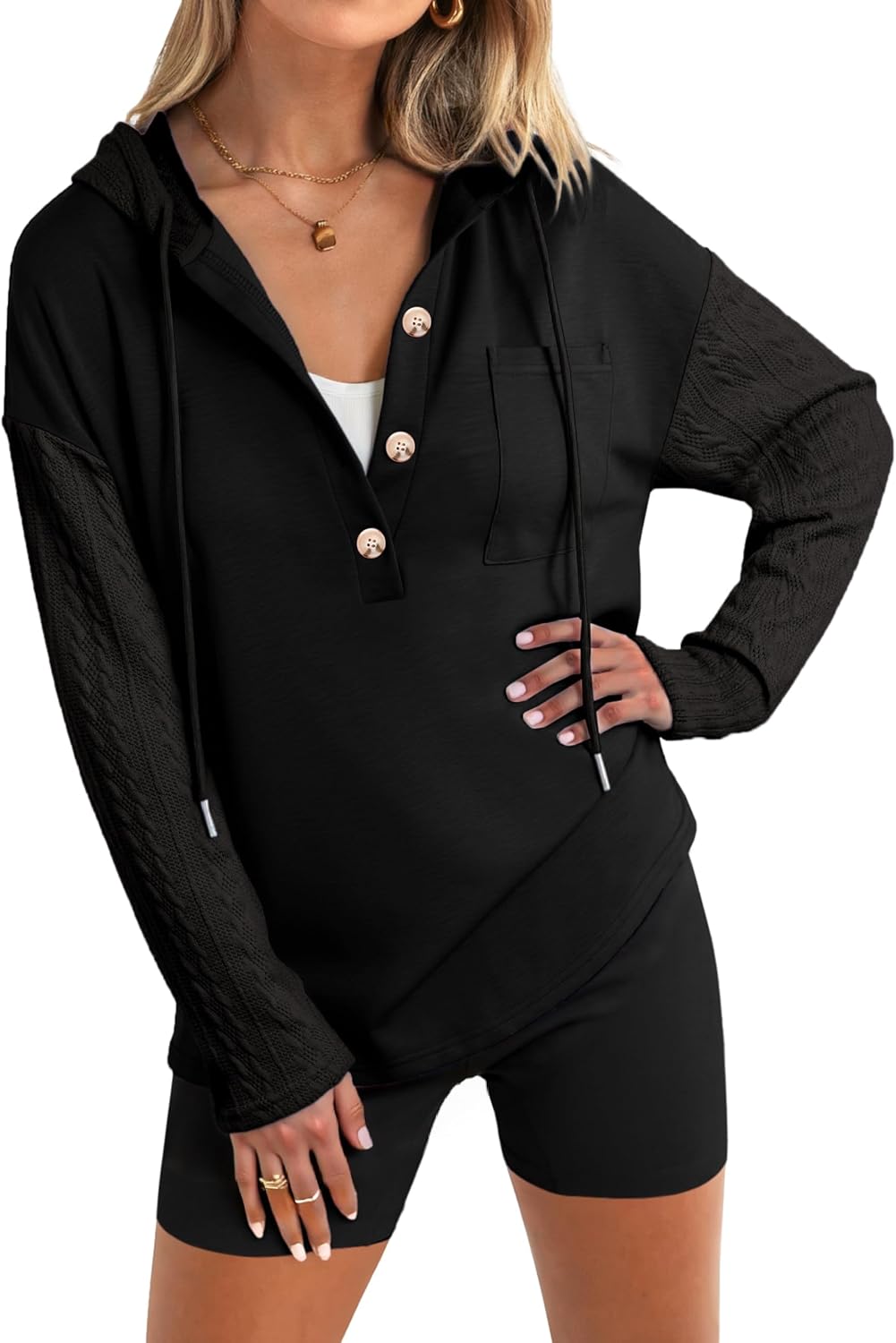 Glamaker Women's Button Down Cable Knit Hoodies Long Sleeve Patch Work Spliced Pullover Hooded Sweatshirts