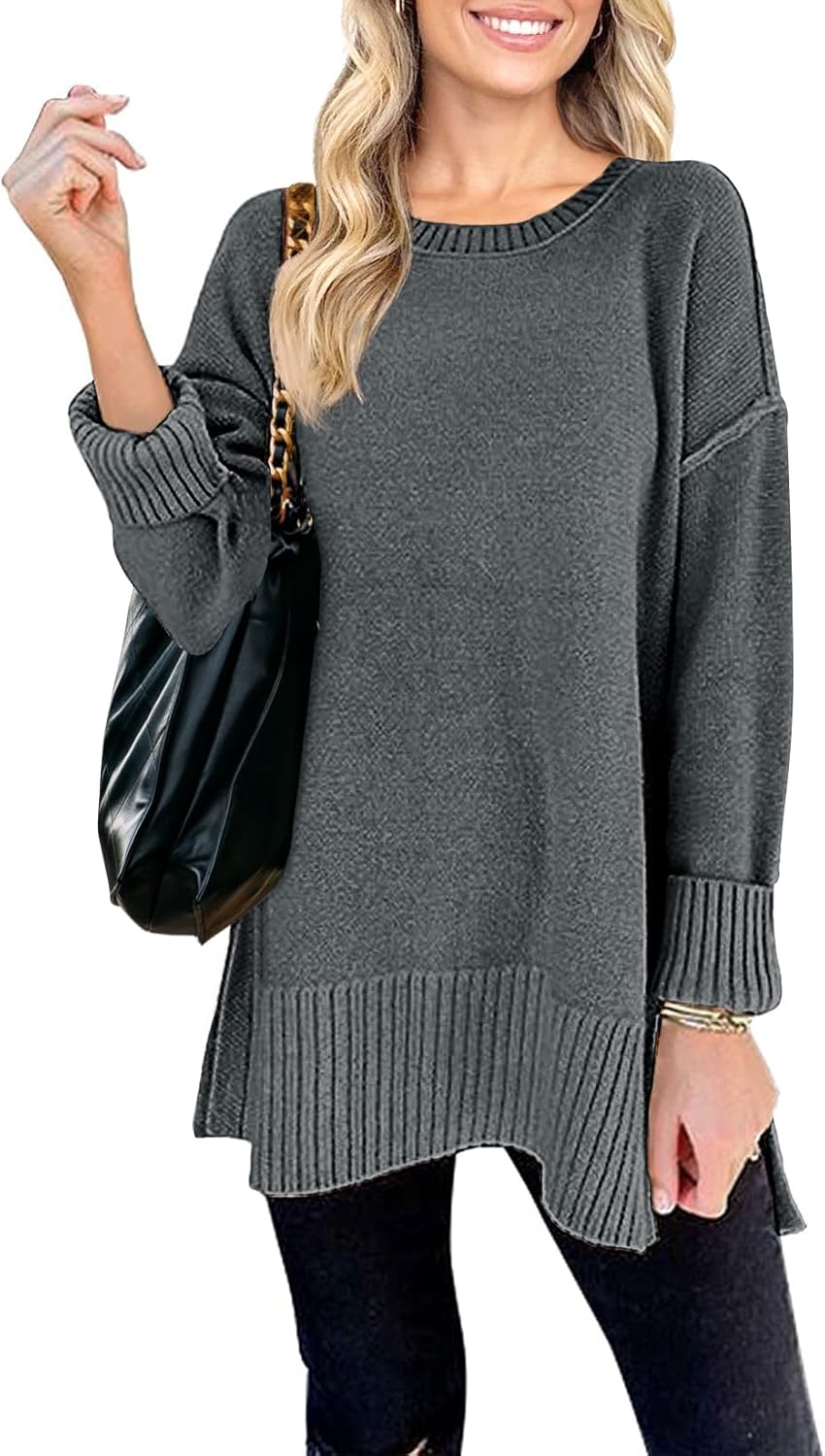 MEROKEETY Women's 2025 Fall Winter Oversized Pullover Sweater Casual Loose Crew Neck Long Sleeve Side Split Jumper Tops