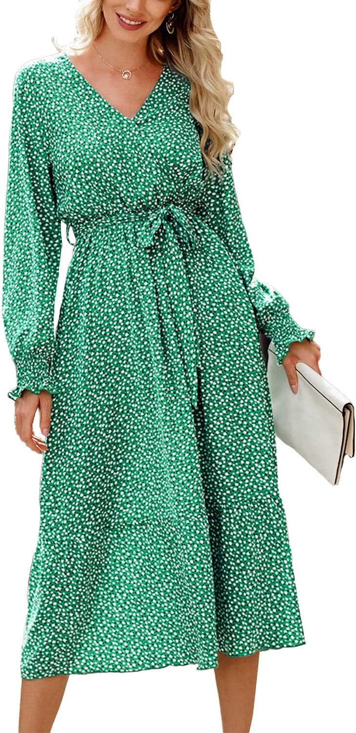 PRETTYGARDEN Women's Floral Boho Dress Fall Long Sleeve Wrap V Neck Ruffle Flowy Maxi Spring Wedding Guest Vacation Dresses