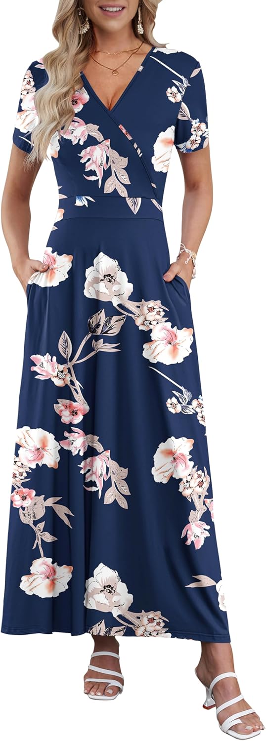 AUSELILY Maxi Dresses for Women Ankle Length Floral Print Beach Long Flowy Dress with Pockets