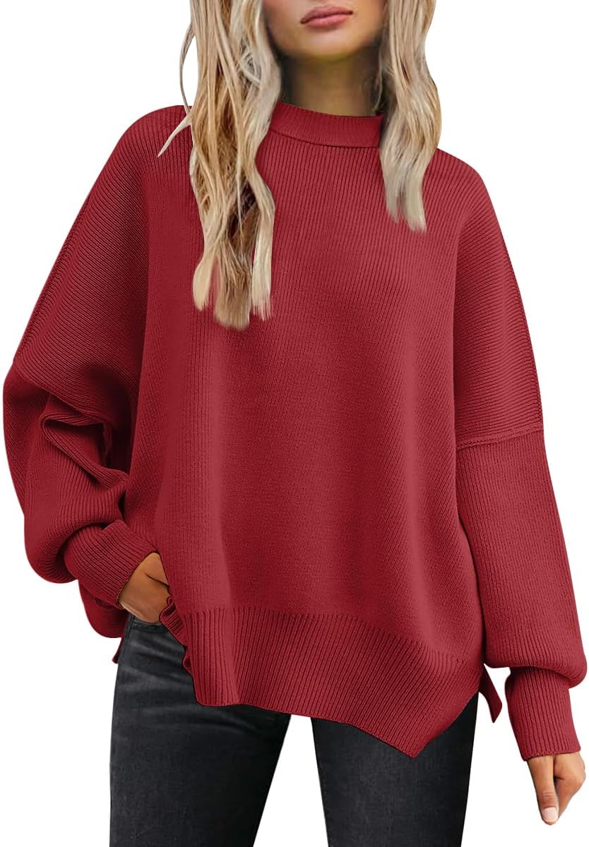 LILLUSORY Women's Oversized Batwing Sweaters 2025 Fall Outfits Trendy Crewneck Knit Side Slit Fashion Pullover Tops