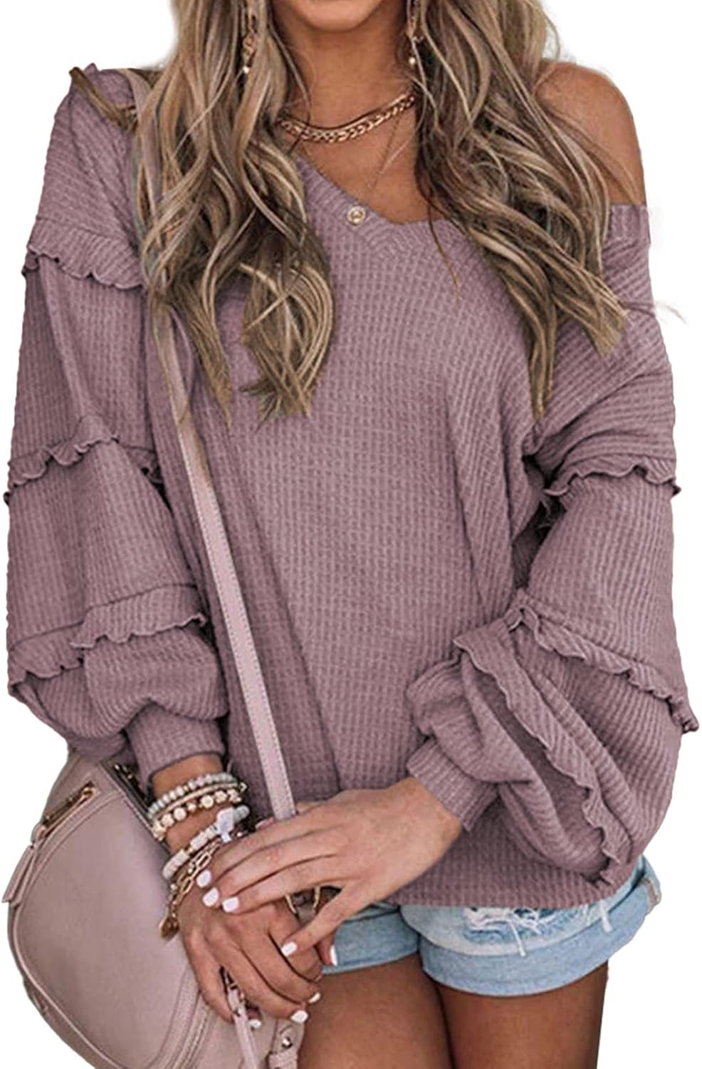 BTFBM Women's V Neck Long Sleeve Blouse Loose Fit Tunics Ruffles Off Shoulder Waffle Knit Solid Color Tops Fall Tee Shirts