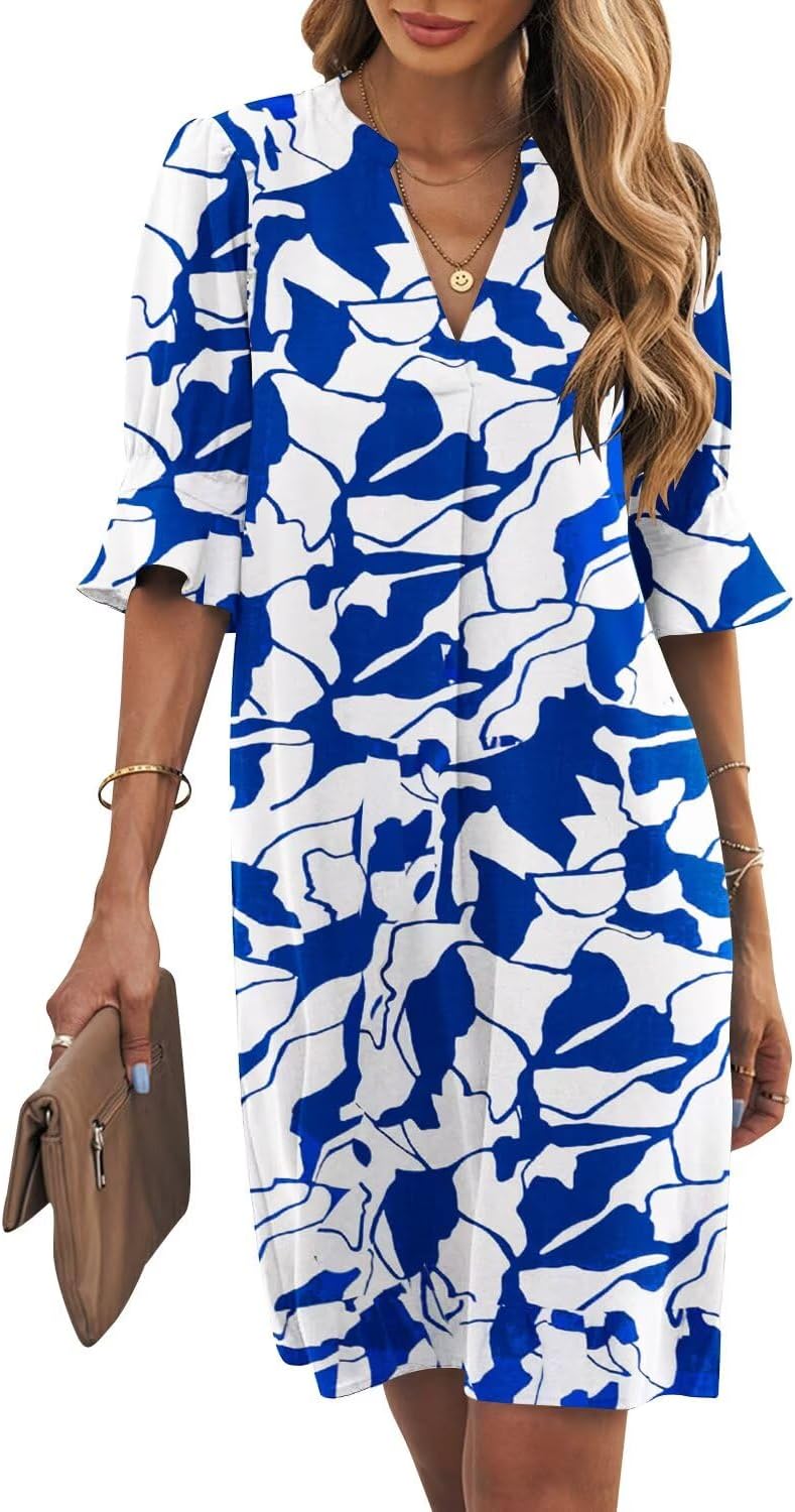 Wkior Shift Dress for Women V Neck Short Sleeves Solid Color Casual Flowy Summer Dresses(S-2XL)