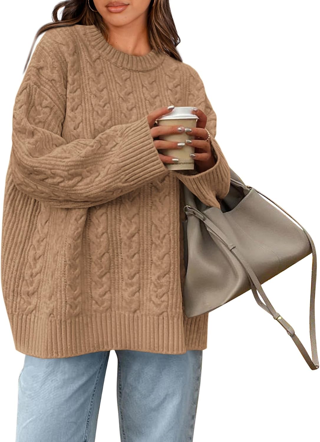 Okiwam Women's Oversized Sweaters Crewneck Cable Knit Pullover Casual Loose Fall Outfits Fashion Clothes 2025