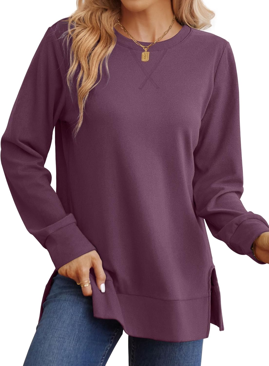 Saloogoe Sweatshirt for women Side Split Fall Fashion 2025 Long Sleeve Shirts Trending Now