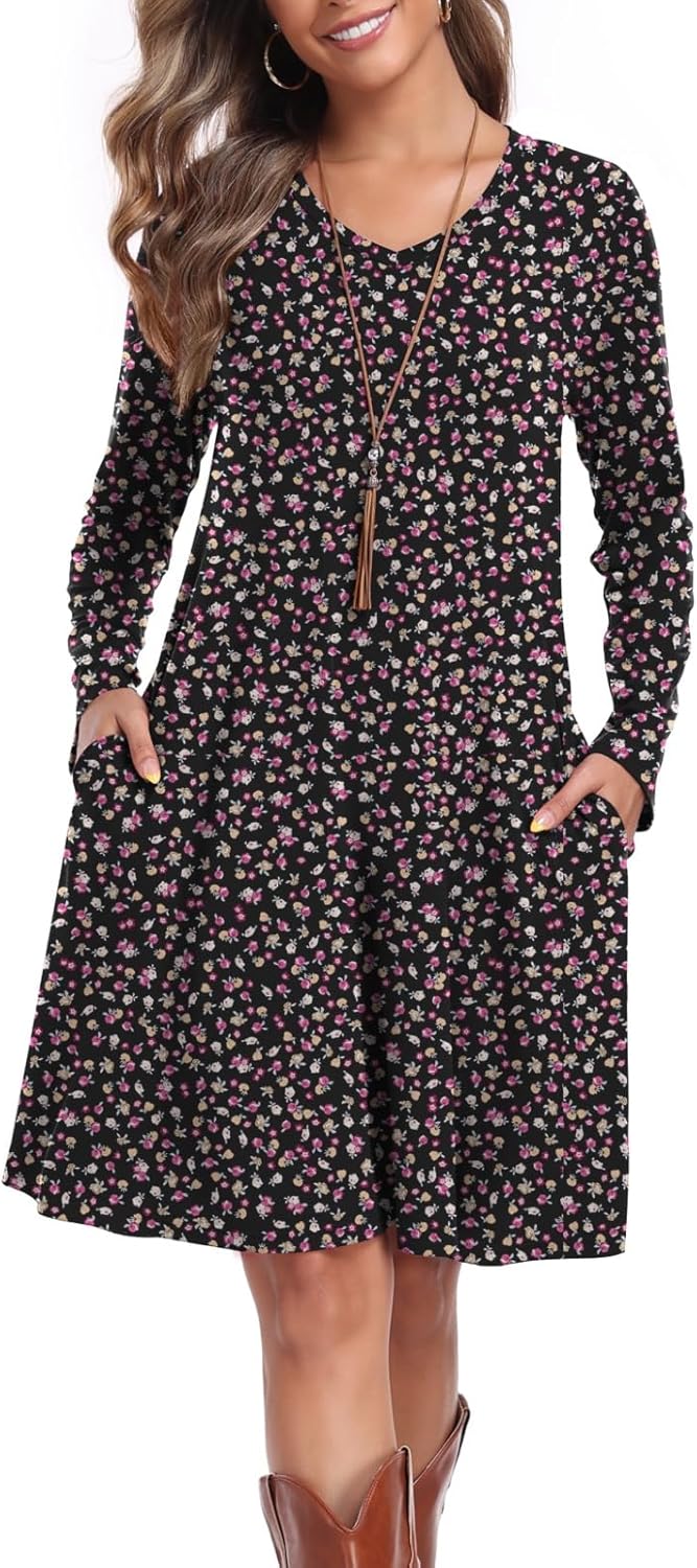 Women's Casual T Shirt Dresses Fall Long Sleeve Swing Dress with Pockets