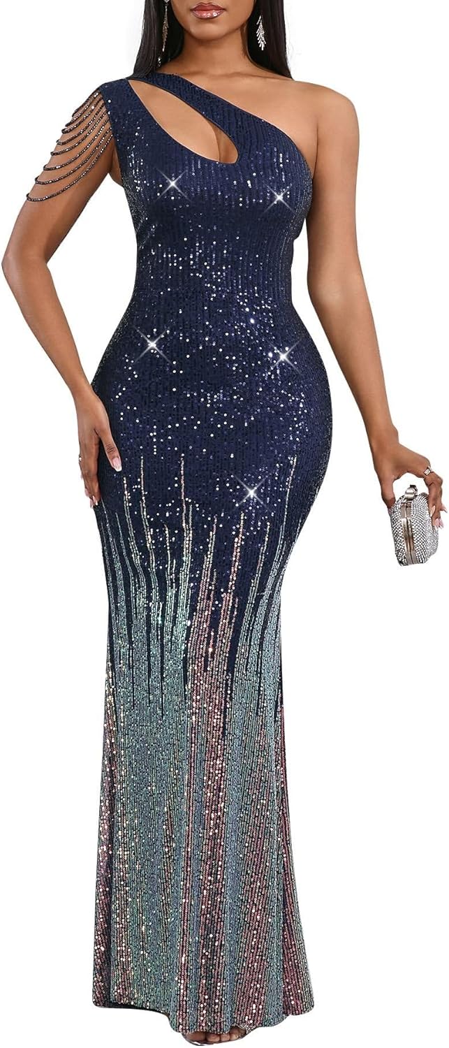 Cololura Women Sequin Elegant Sexy One Shoulder Tassel Mermaid Bodycon Cocktail Evening Dress