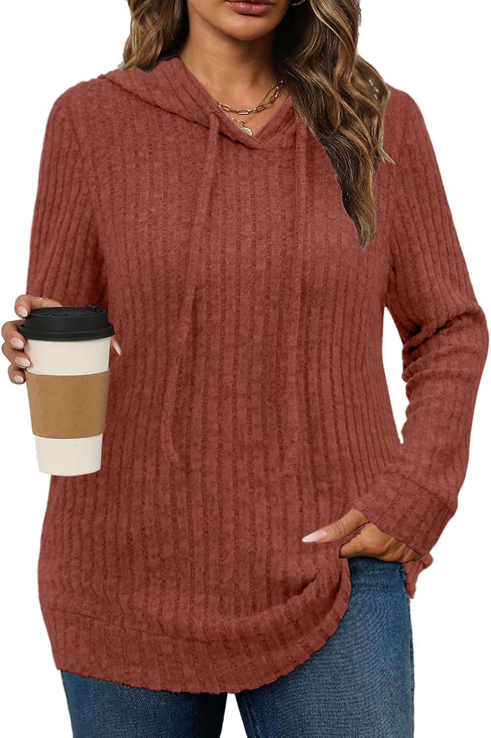 Womens Plus Size Lightweight Ribbed Knit Hoodie Sweaters Casual Long Sleeve Pullover Tops for Fall Winter L-4XL