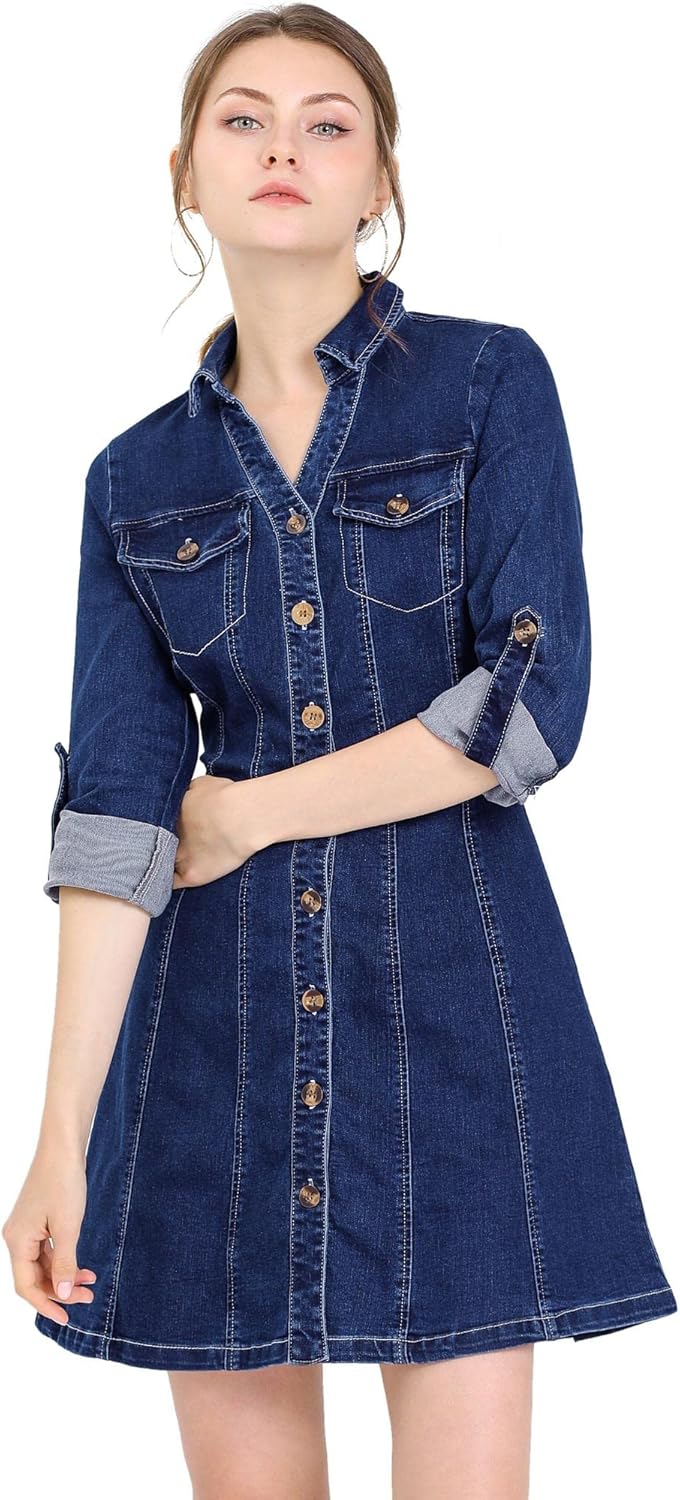 Allegra K Women's Denim Dress Button Down Collar V Neck Long Sleeve A-line Cotton Jean Dress