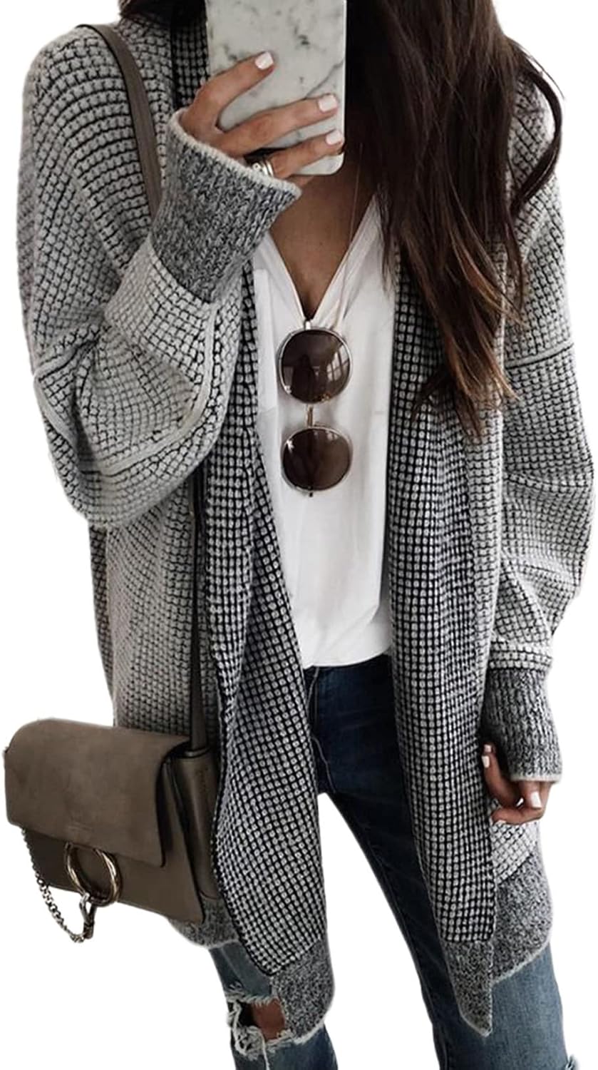 Sidefeel Womens 2025 Fall Outfits Long Sleeve Open Front Cardigan Sweaters Oversized Checkered Chunky Knit Sweaters Coat