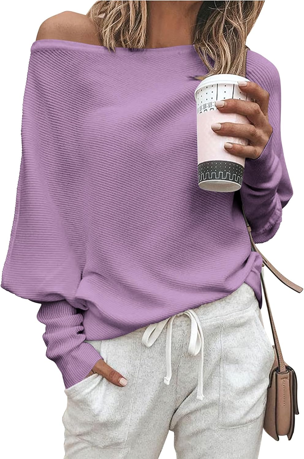 Zenlonr Women's Fall Sweaters 2025 Casual Long Batwing Sleeve Loose Off Shoulder Knit Pullovers Jumper Tops