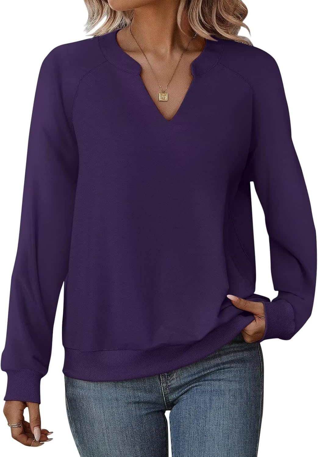 EADINVE Women Casual Long Sleeve V Neck Sweatshirts Cute Loose Fit Lightweight Pullover Tops