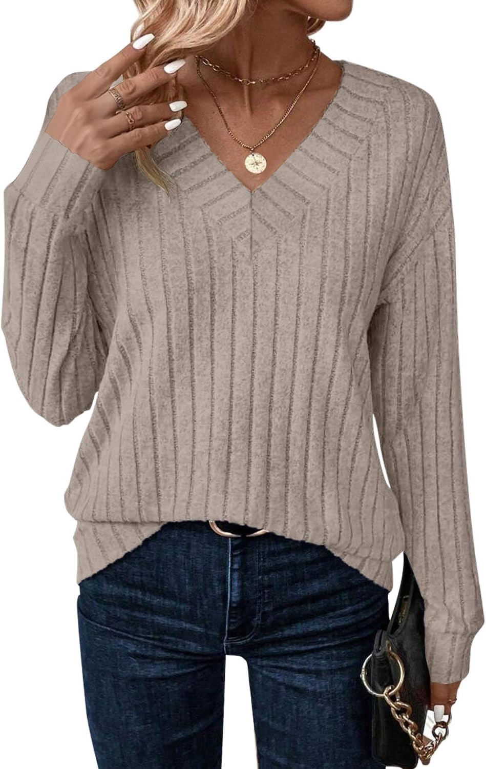 JUSTFASHIONNOW Long Sleeve V Neck Shirts for Women Fall Tops Lightweight Sweaters Dressy Casual Tunic Tops 2025 Outfits