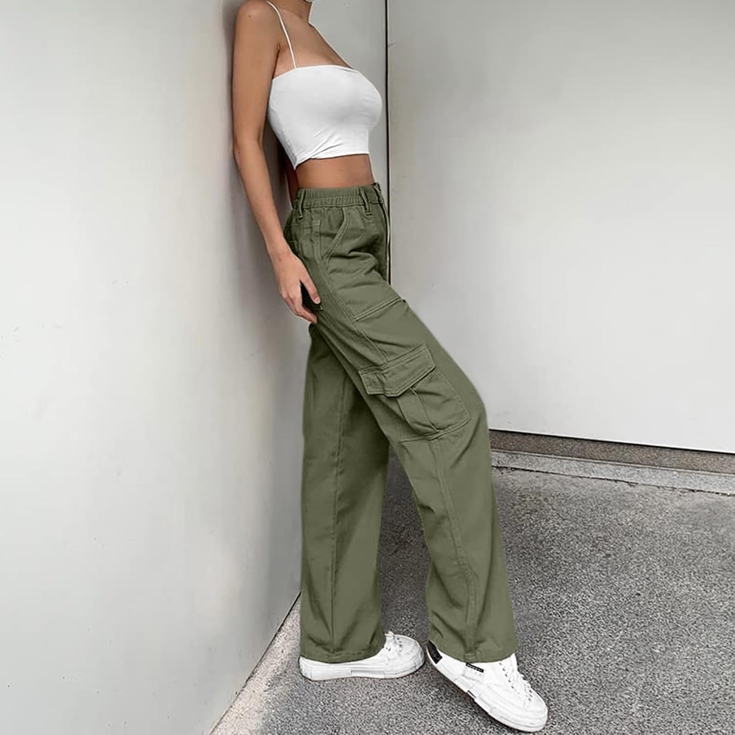 Lepunuo Cargo Pants for Women High Waisted Casual Pants Baggy Stretchy Wide Leg Y2K Streetwear with 6 Pockets