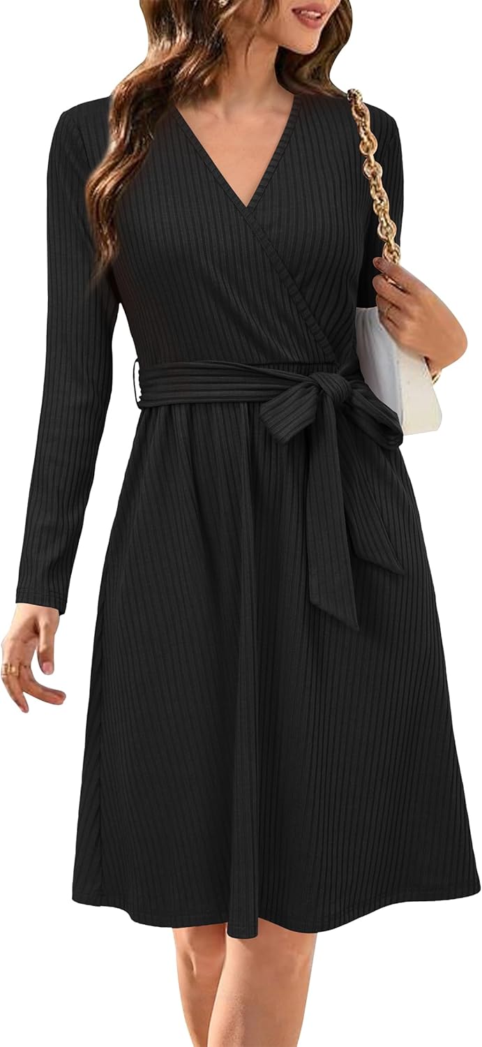 Newshows Womens 2025 Fall Dresses Teacher Church Business Casual Work Outfits Knit Midi Sweater Pockets Belt Dress