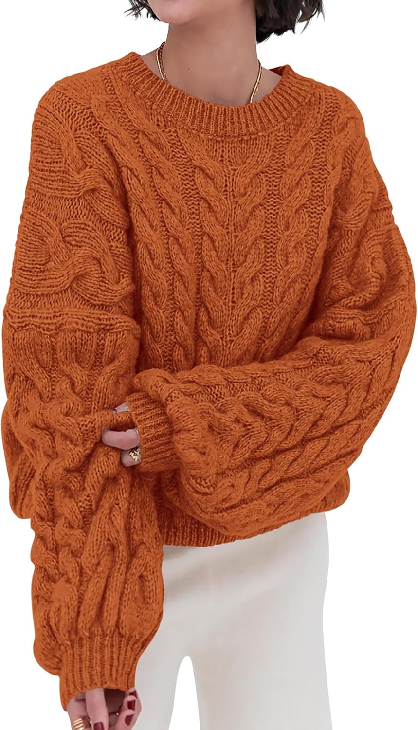 PRETTYGARDEN Womens Sweaters Fall 2025 Cable Knit Long Sleeve Crewneck Oversized Sweater Chunky Pullover Loose Outfits