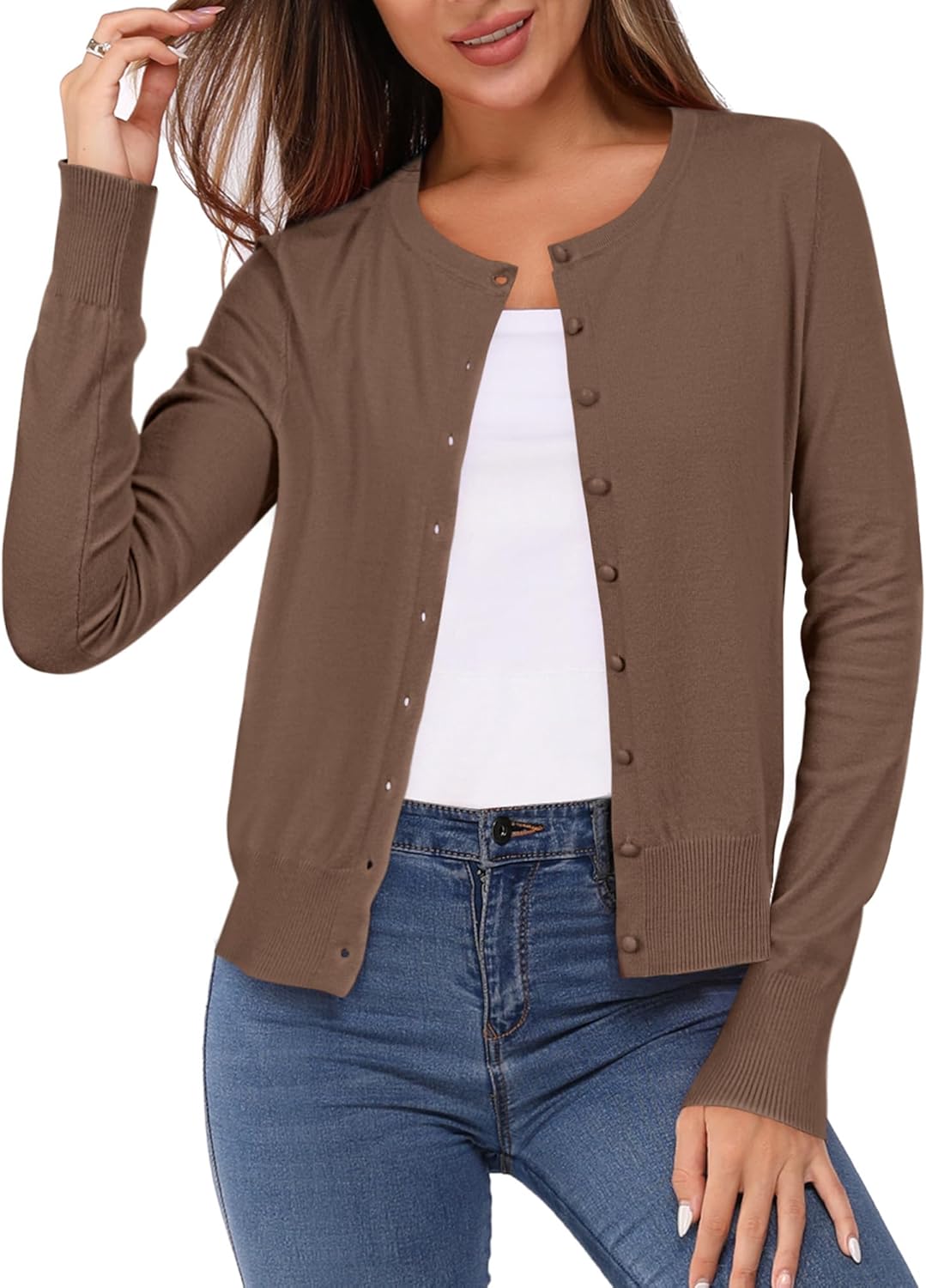 Newshows Women's Lightweight Button Down Cardigan Long Sleeve Casual Crew Neck Soft Knit Cardigans Sweater Tops