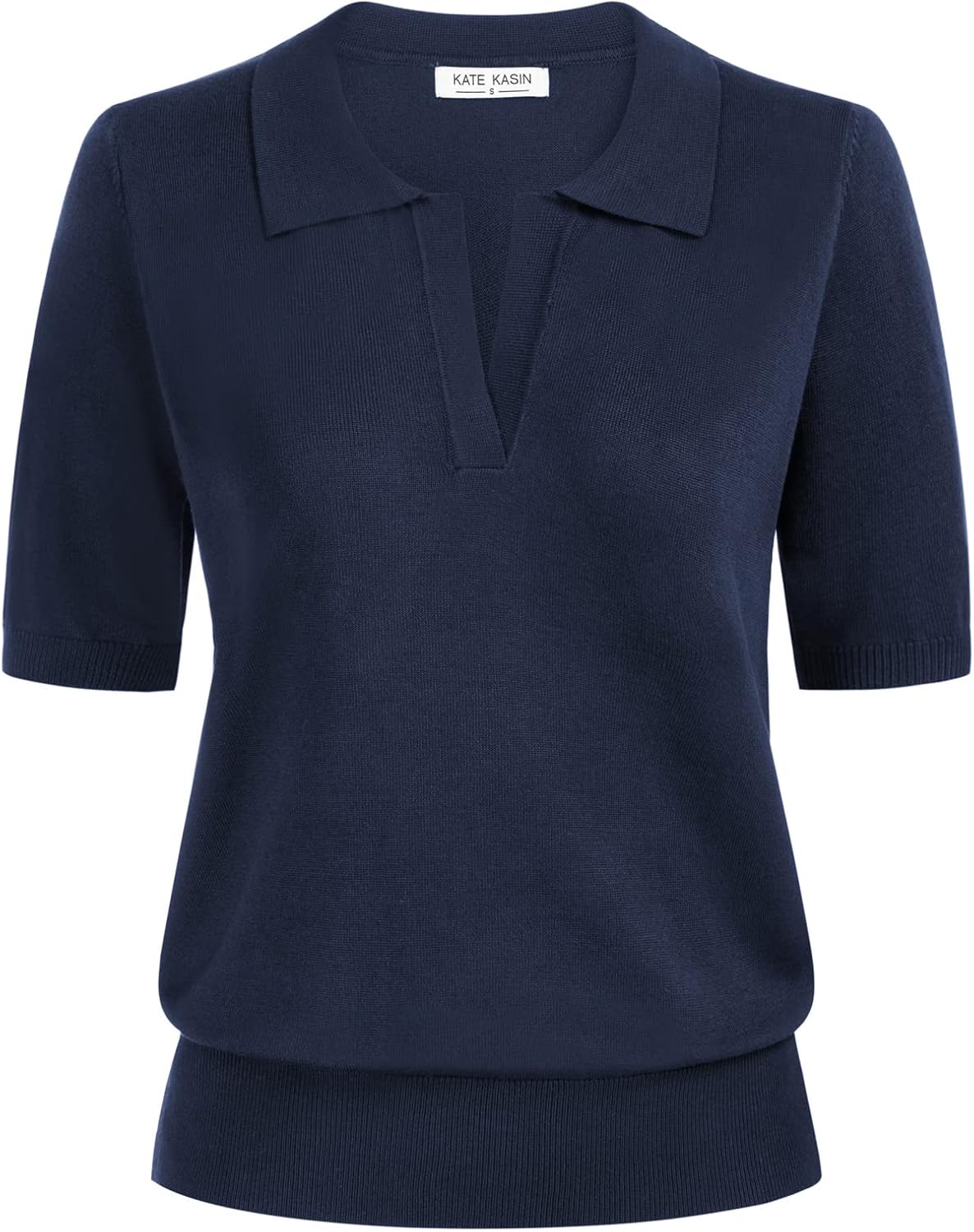 Kate Kasin Women Short Sleeve Polo Sweater V Neck Knitted Tops Casual Ribbed Shirt Loose Pullover Sweater