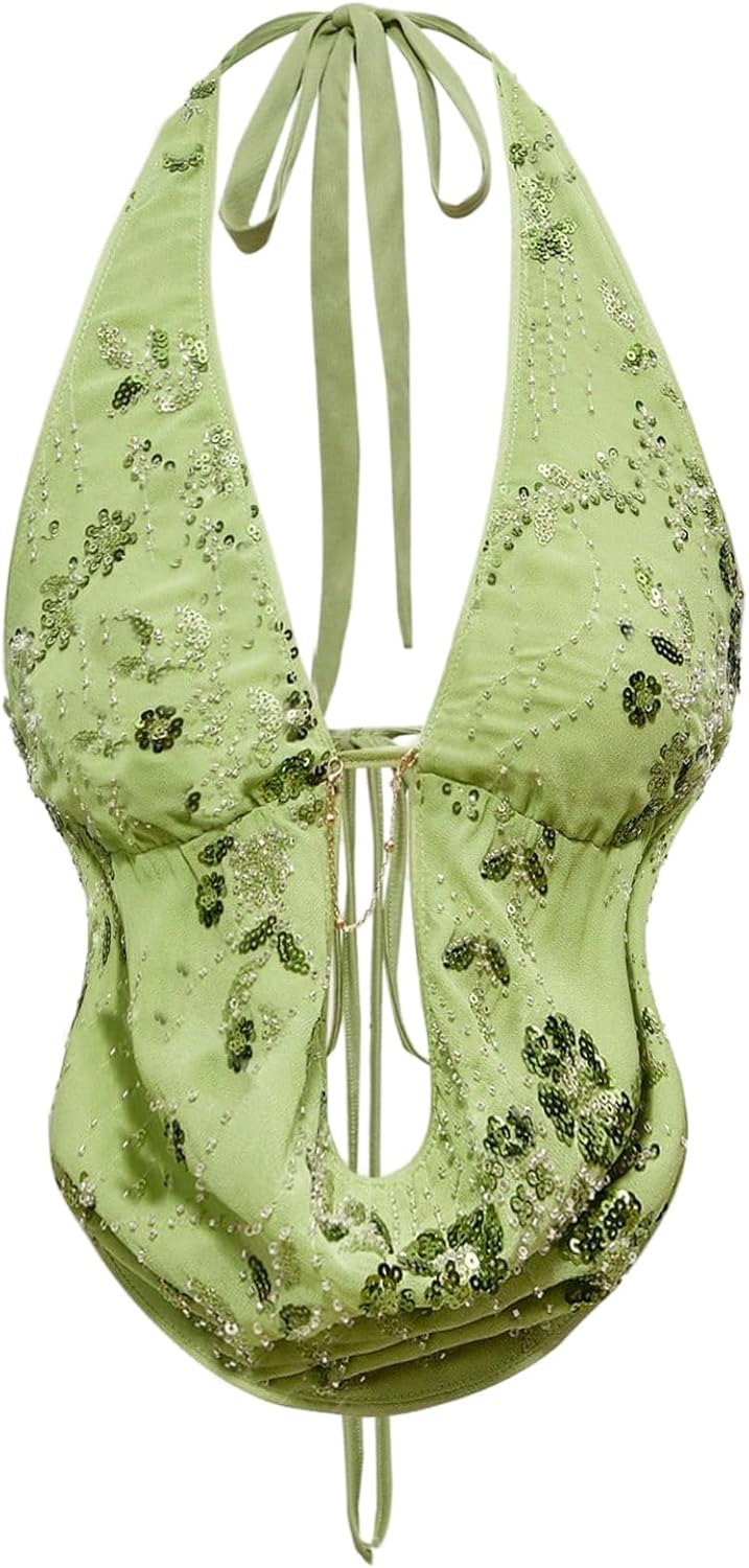 Verdusa Women's Cheetah Print Sequin Top Y2K Tie Back Corset Halter Going Out Crop Tops