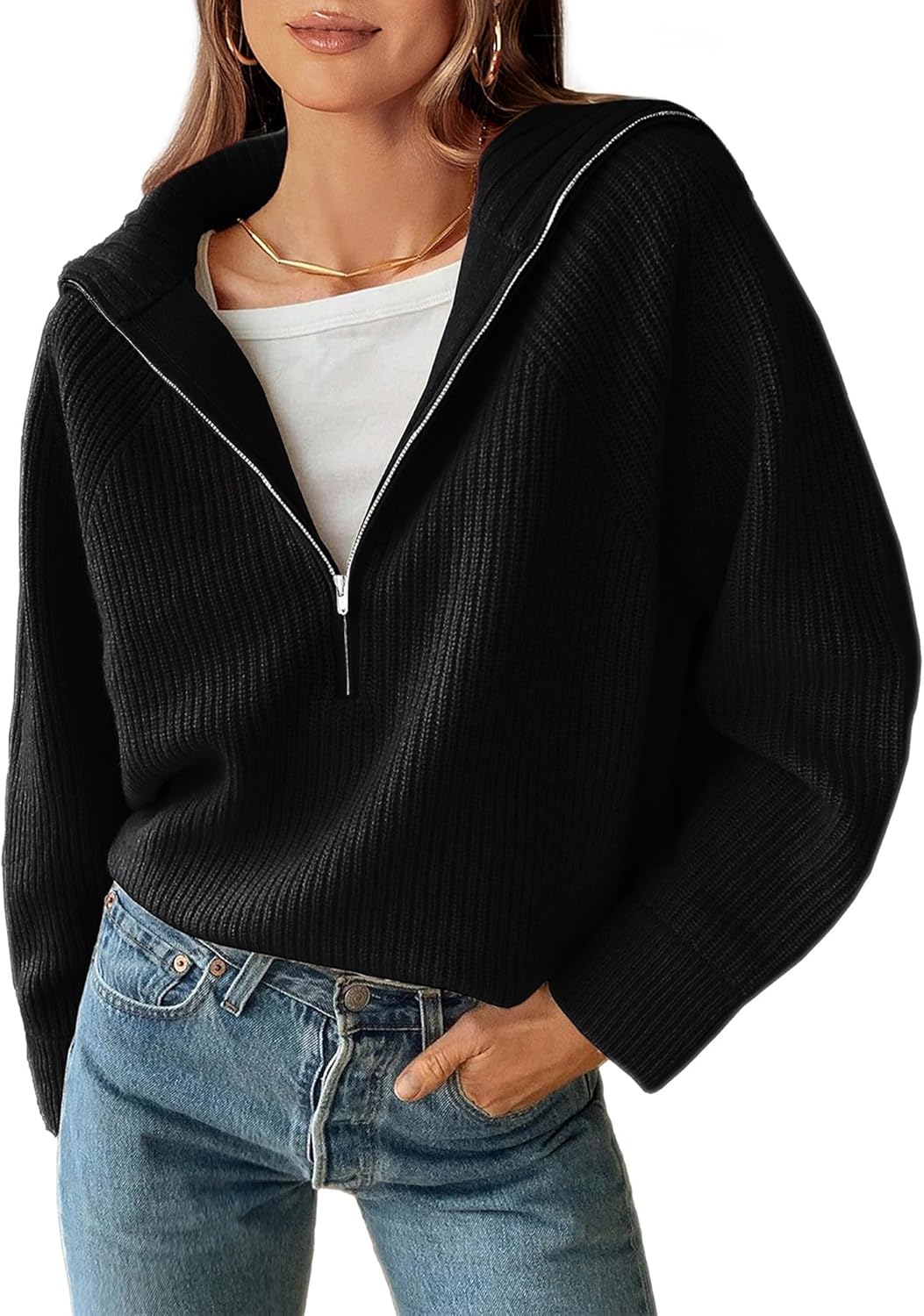 BTFBM Womens Sweaters Quarter Zip Pullover V Neck Collar Long Sleeve Ribbed Knit Loose Casual 2025 Winter Fall Sweater