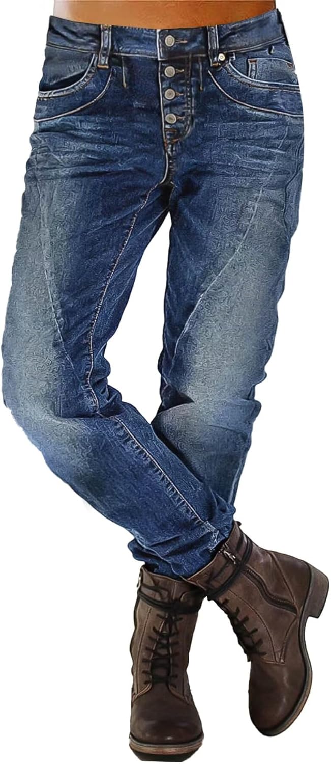Flamingals Women's Stretchy Straight Leg Casual Low Rise Jeans Wash Button Fly Stitch Detail 90s Trendy Denim Jeans