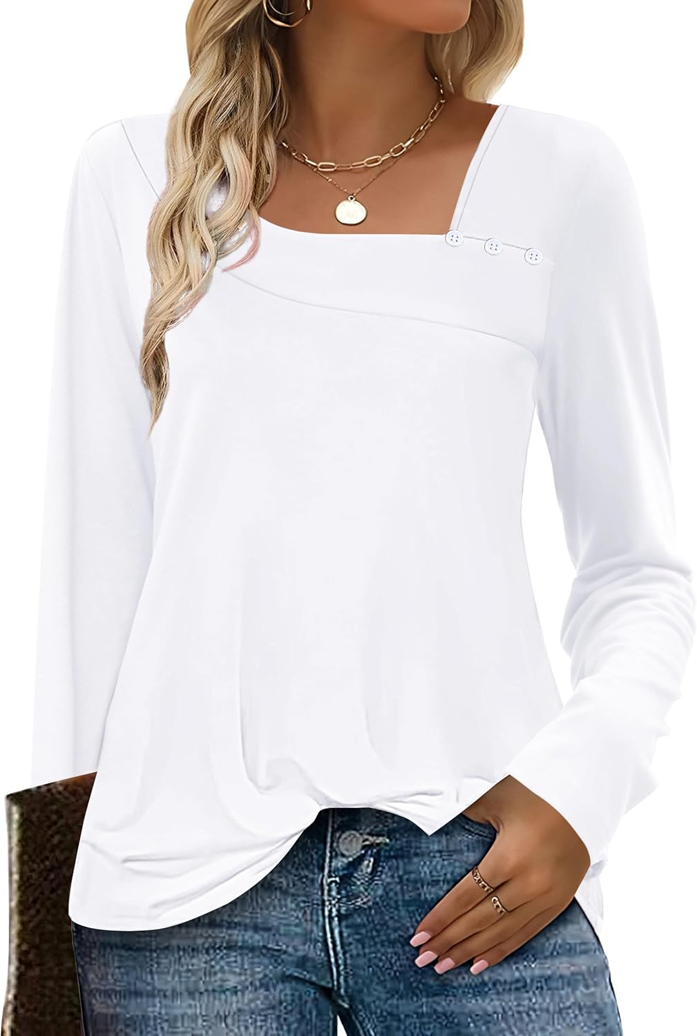 OFEEFAN Long Sleeve Shirts for Women Fall Clothes Asymmetric Square Neck Tunic Tops Decorative Buttons