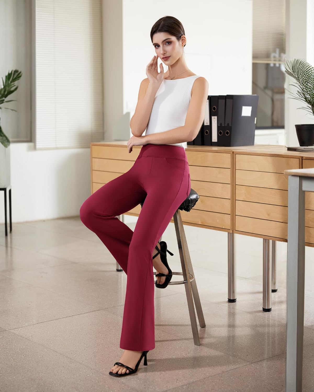 Womens Dress Pants Stretchy Work Pants Business Casual Office Trousers Pull On Flare Slacks with 4 Pockets