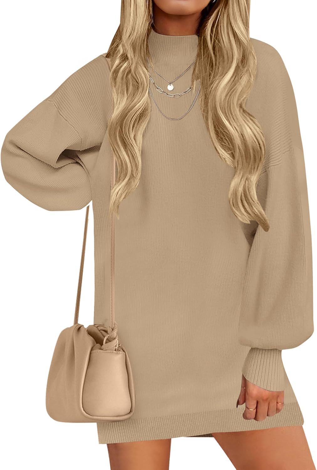 ZESICA Women's 2025 Fall Turtleneck Sweater Dress Oversized Long Lantern Sleeve Casual Knit Pullover Mini Dresses