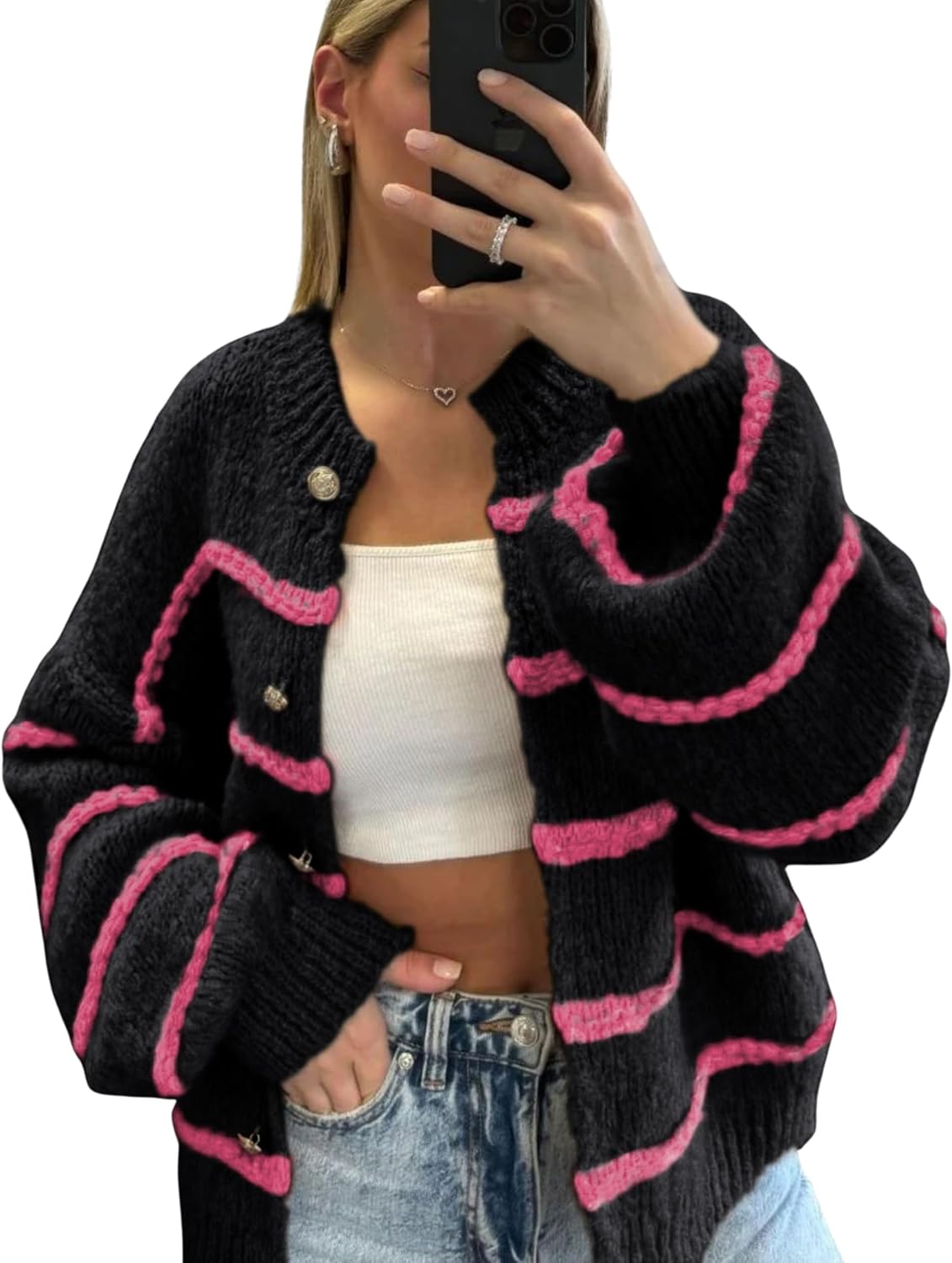 QIBABU Womens Striped Cardigan Sweaters Casual Open Front Long Sleeve Button Down Knit Outwear