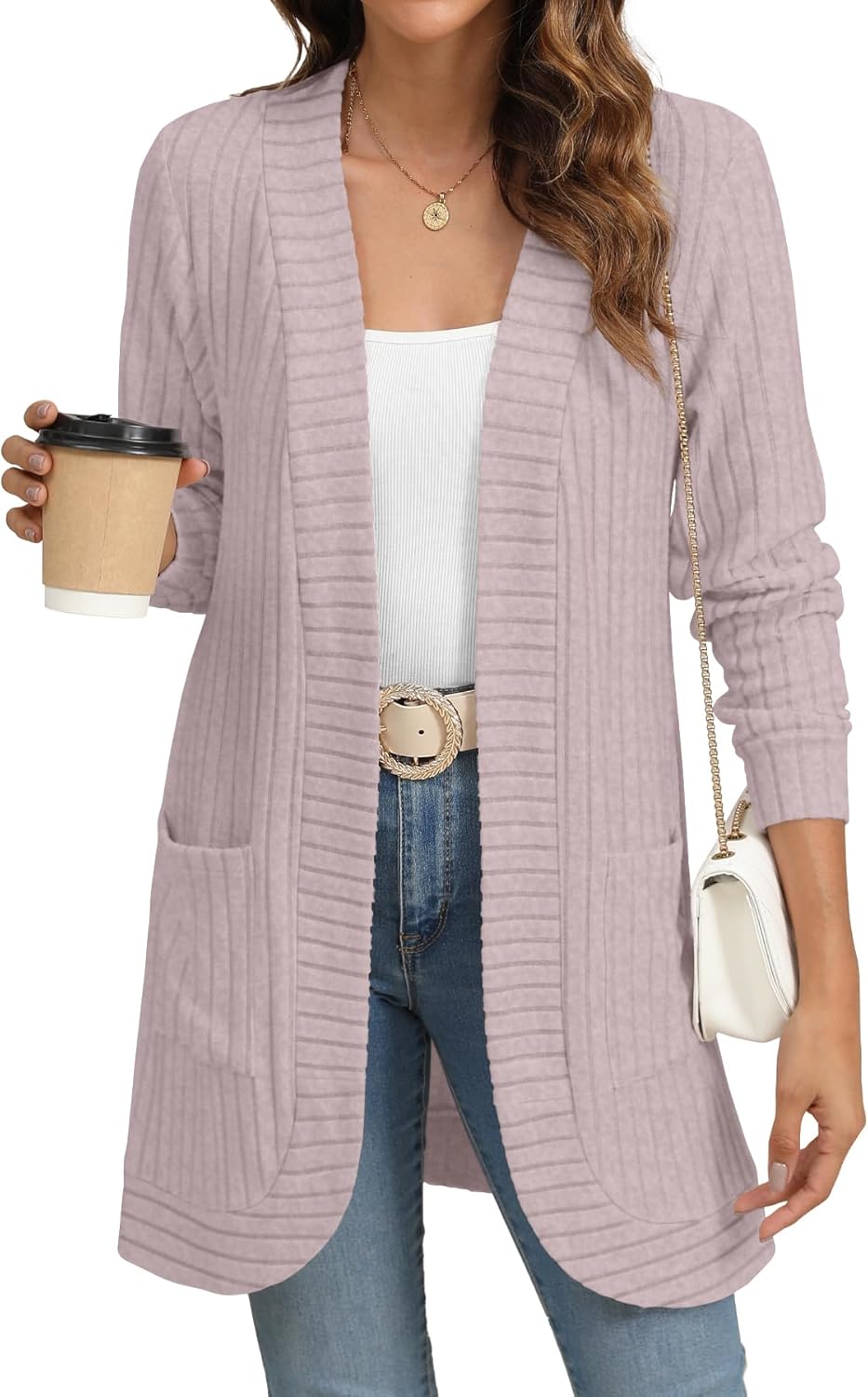 Women Long Sleeve Open Front Cardigan Casual Lightweight Long Cardigans Loose Knit Outwear with Pockets