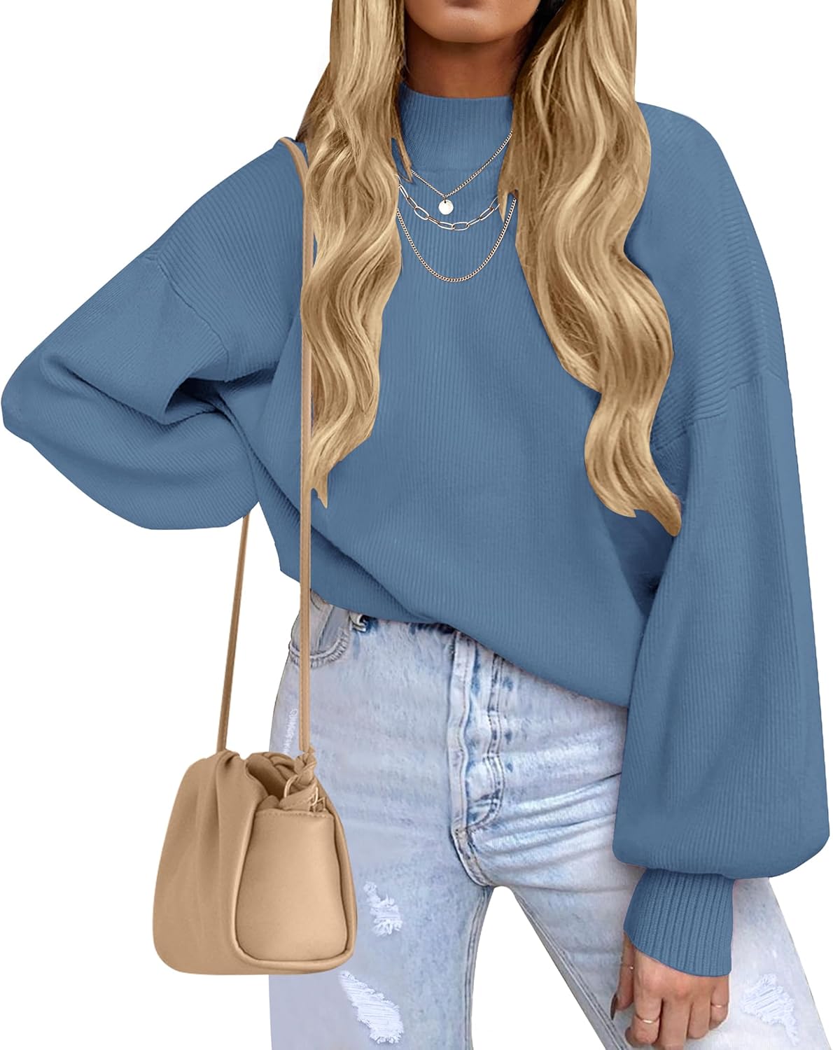 ZESICA Women's Casual Turtleneck Long Lantern Sleeve Fall 2025 Oversized Ribbed Knit Pullover Sweater Jumper Top