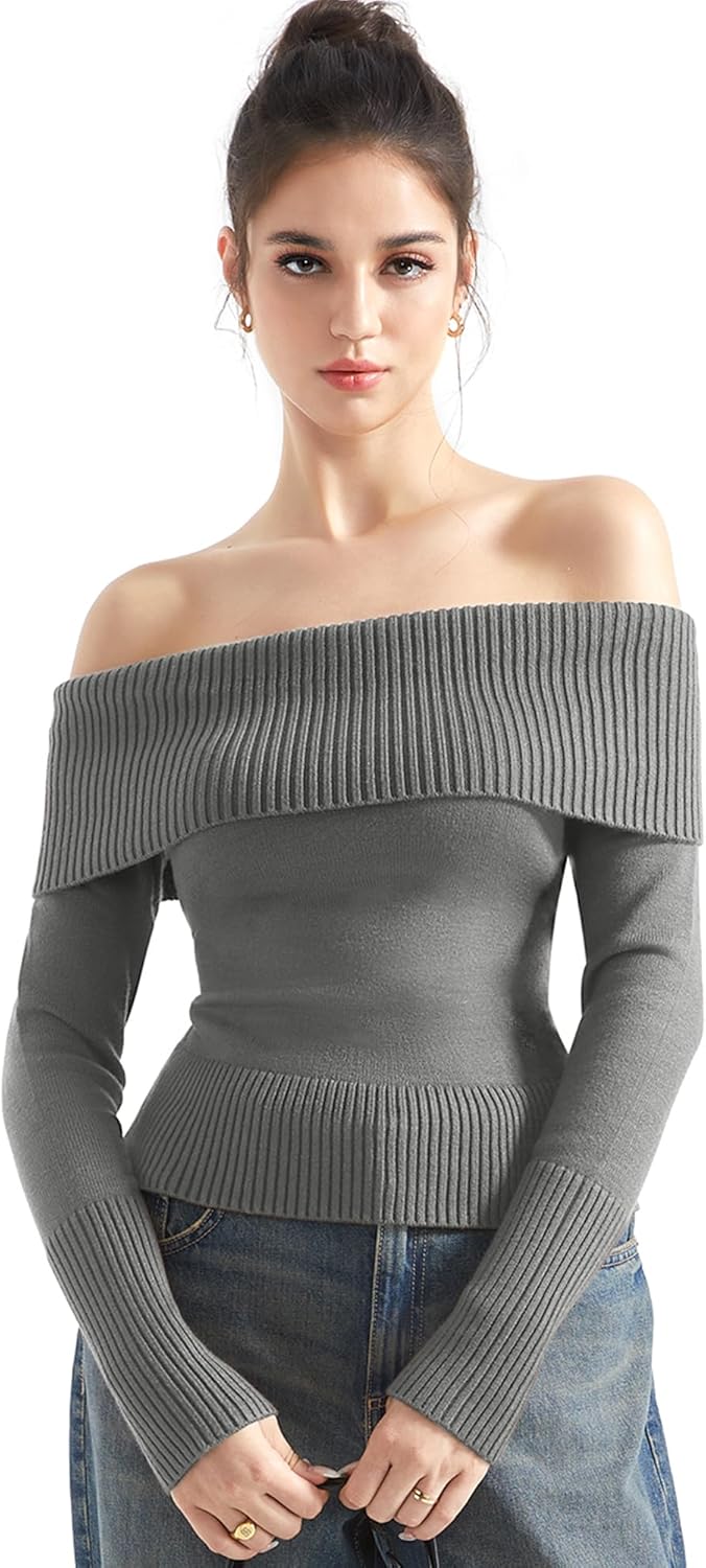 SUUKSESS Women Off Shoulder Sweaters Long Sleeve Ribbed Knit Going Out Fall Tops Blouse