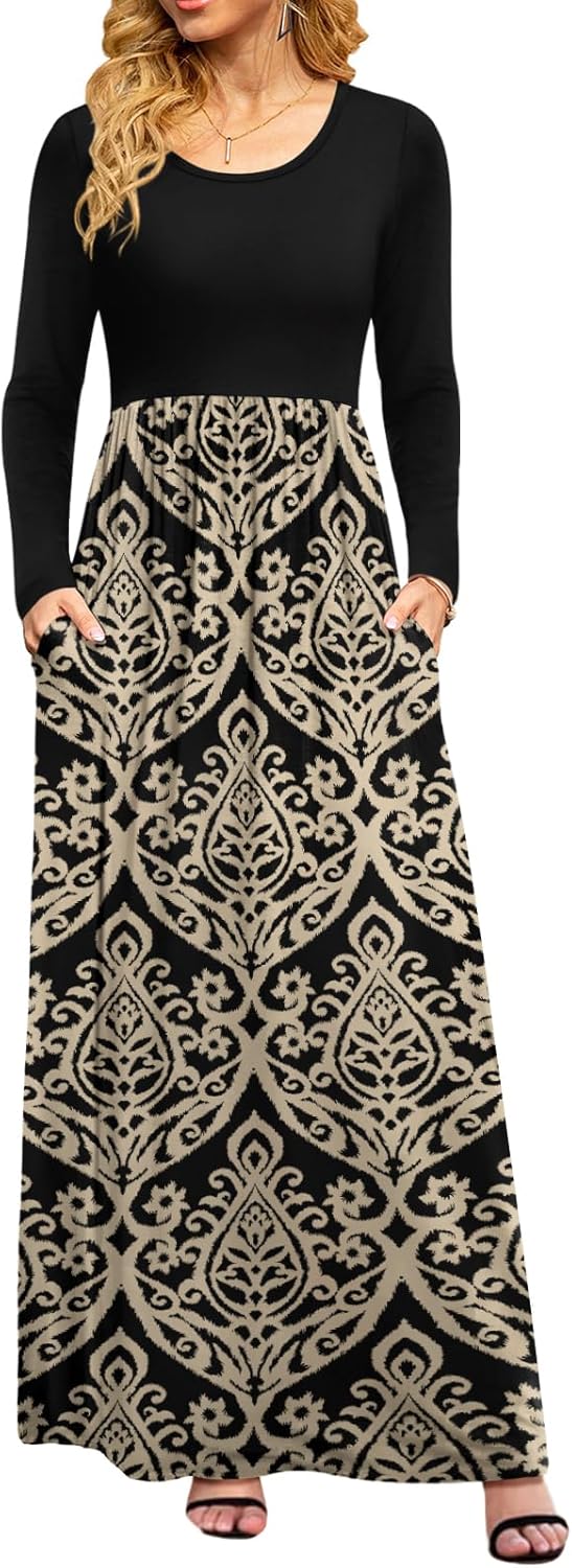 DB MOON Women Casual Long Sleeve Maxi Dresses Empire Waist Long Dress with Pockets