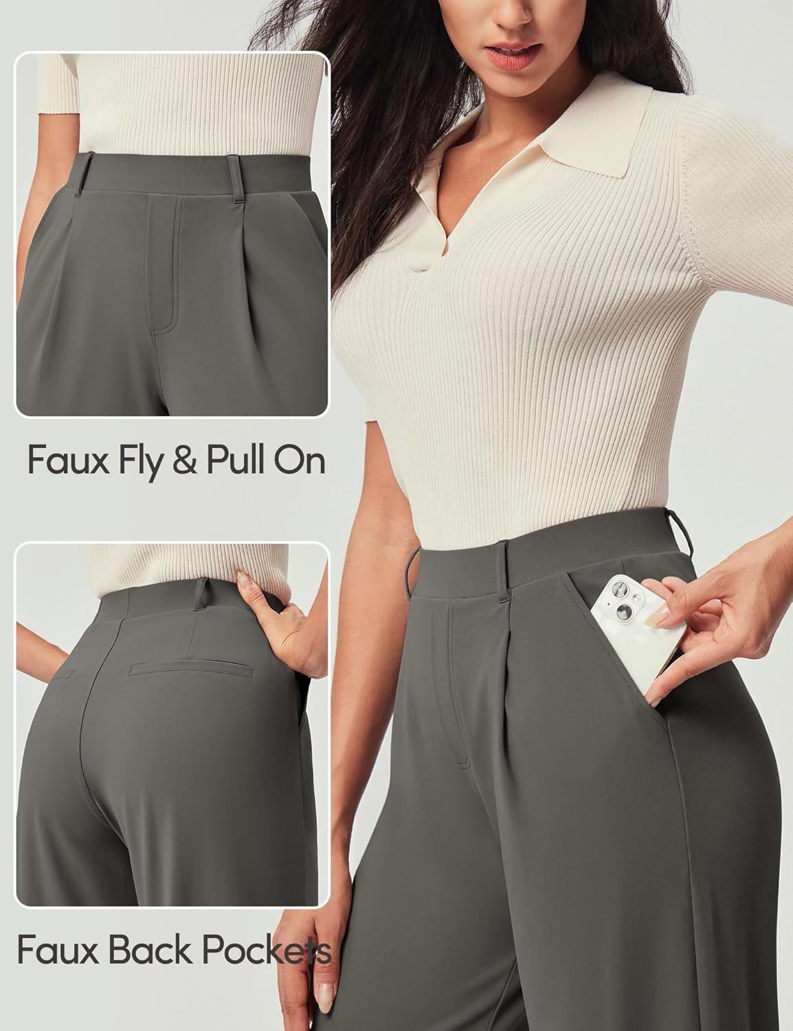 IUGA Womens Dress Pants Wide Leg Pull On Stretchy Work Pants Women High Waisted Business Casual Trousers with Pockets