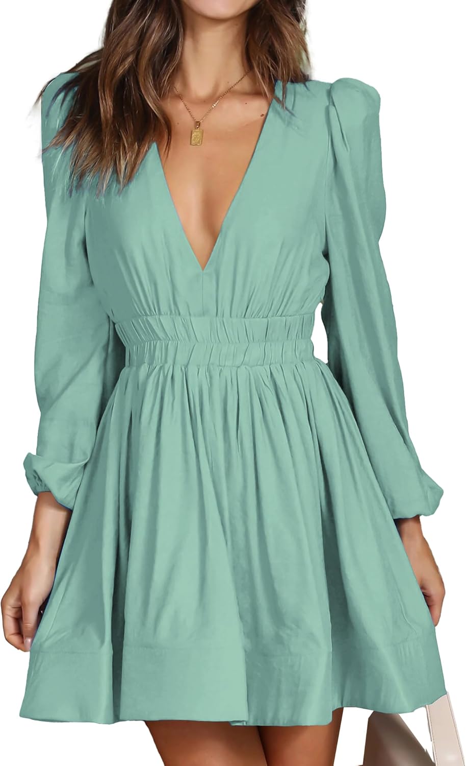 FAIABLE Mini Deep V Sexy Long Sleeve Dress for Women A-line High Waisted Casual Flowy Dress for Cocktail Wedding Guest