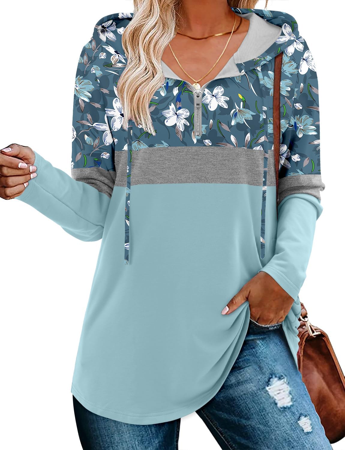 BETTE BOUTIK Womens Quarter Zip Tunic Hoodies Pullover Long Hooded Sweatshirts S-3XL