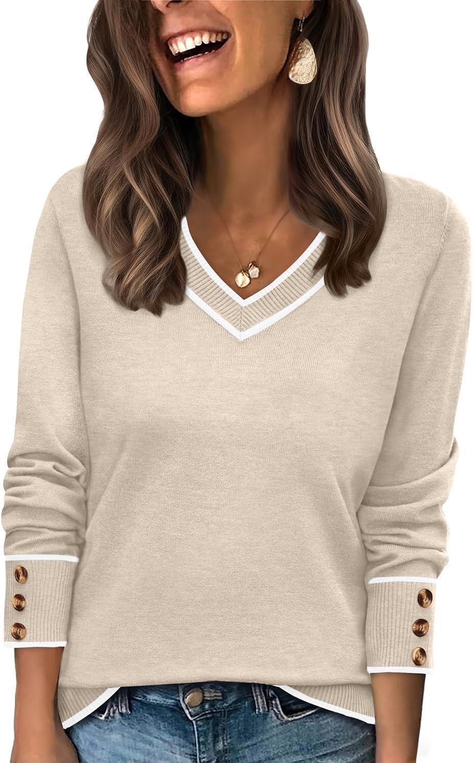 WIHOLL Lightweight Sweaters for Women Long Sleeve V Neck Knit Outfits with Decorative Buttons